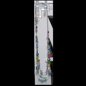 Vintage Colorful Beaded Silver Toned Double Layer Necklace